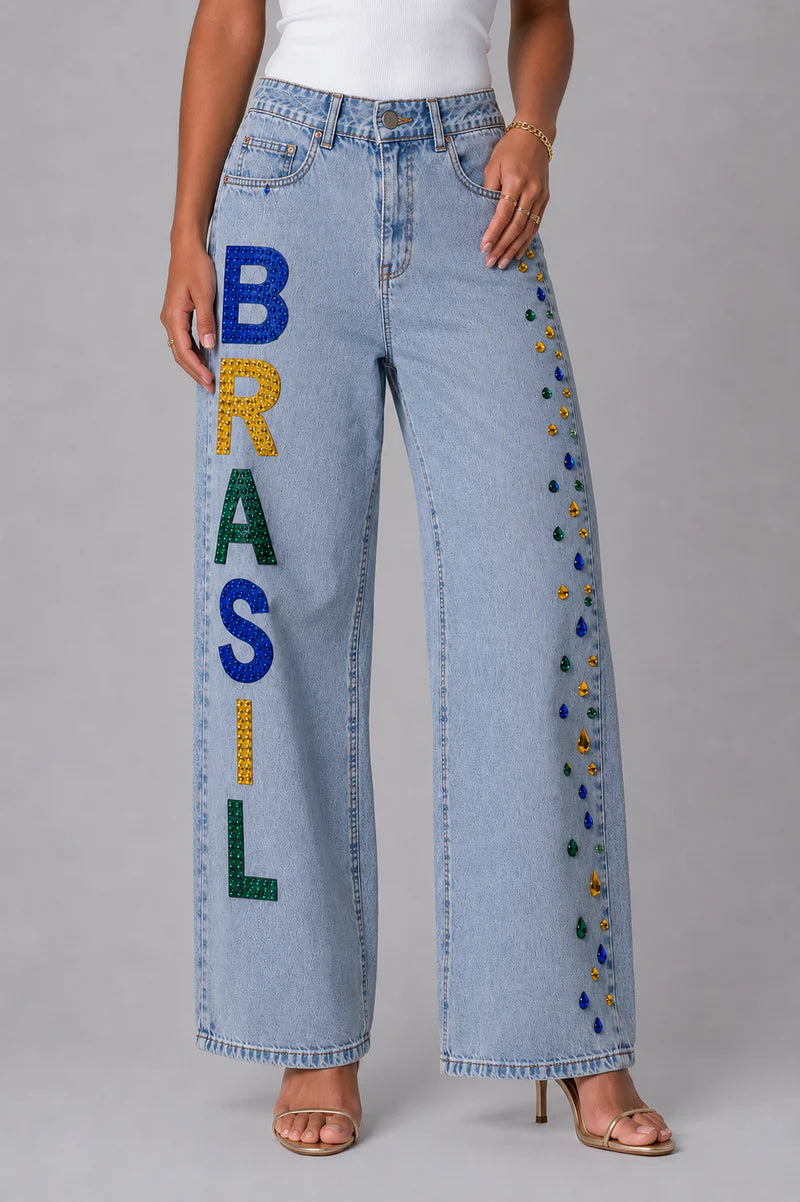 Calça Jeans Wide Leg Brasil Shine