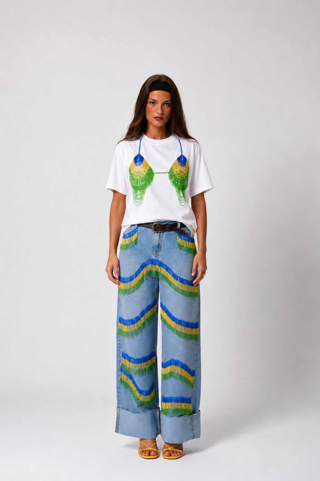 Conjunto de Calça Jeans e Blusa Franjas do Brasil